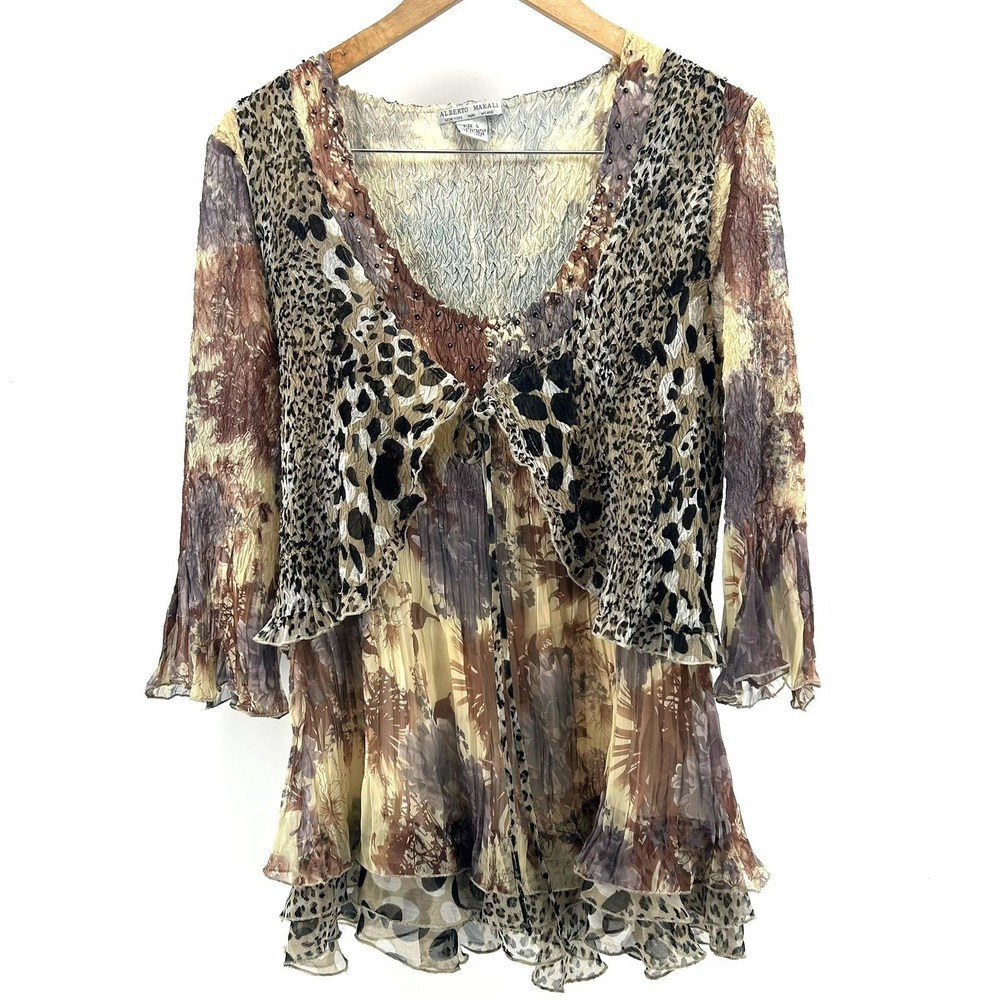 Alberto Makali Womens Large Leopard Floral Plisse Ruffle Layered Blouse Brown
